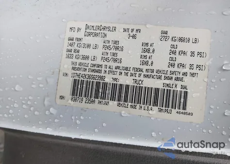 2006 Dodge Dakota Slt из США, поврежденный, VIN 1D7HE42K36S623982